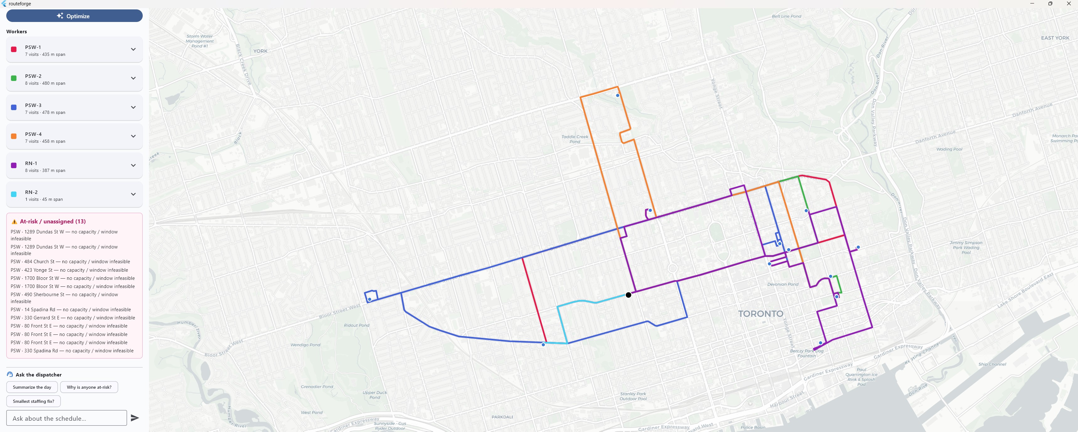RouteForge — optimized PSW & nurse routes across Toronto